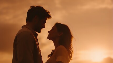 Romantic couple silhouette embracing at golden sunset, intimate moment against warm orange sky, love and connection concept for wedding designs.