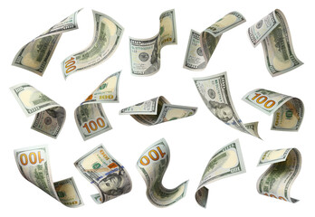 Plakat Set of flying hundred dollar banknotes, isolated on transparent cutout background