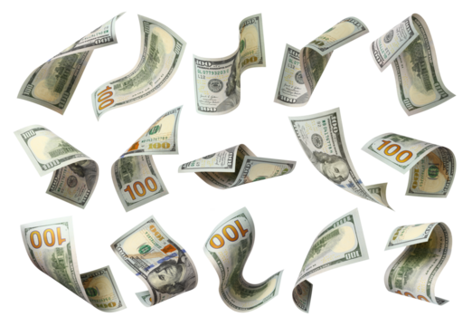 Set of flying hundred dollar banknotes, isolated on transparent cutout background - Powered by Adobe