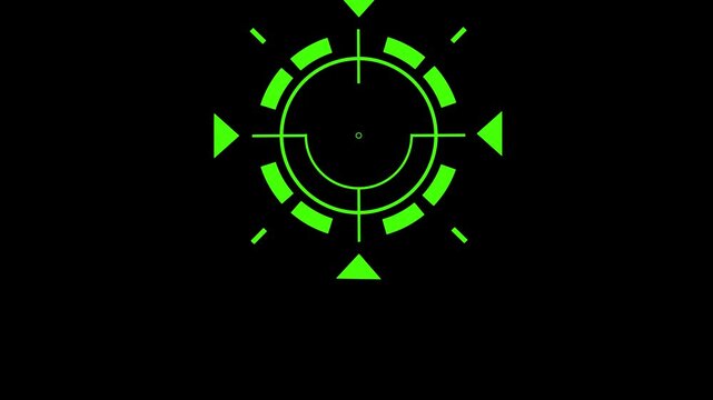 futuristic green hud targeting reticle on black background. digital sci-fi sniper scope overlay animation. modern military target locking system graphic.