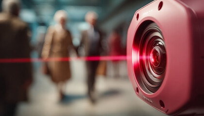 Close-up of a laser scanner emitting a red beam in a busy urban environment