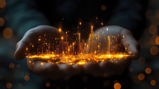 Futuristic smart city hologram floating in cupped hands with glowing golden lights and digital architecture for technology and urban planning concepts. - Powered by Adobe