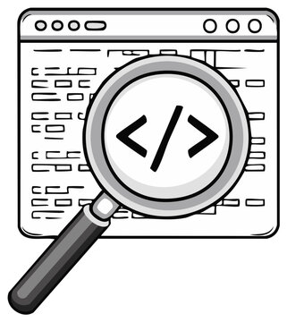 Magnifying glass over code symbol examining webpage HTML source code for computer programming.