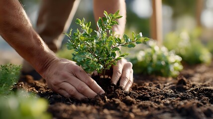 Hands gently planting young green seedling in rich dark soil outdoors. Gardening, agriculture, growth, sustainability, and environmental care concept.