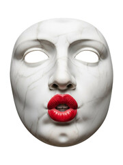 White marble theatrical mask with kissing red lips and braces, surreal classical sculpture mixing modern pop elements, concept of beauty and dramatic expression
