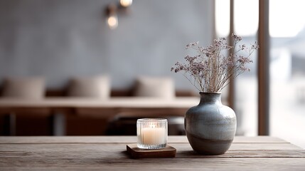 Cozy interior wooden table decorated with candle and vase styling