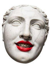 Classical white marble sculpture head with modern orthodontics, smiling mouth showing dental metal braces and vivid red lipstick, surreal contemporary art concept