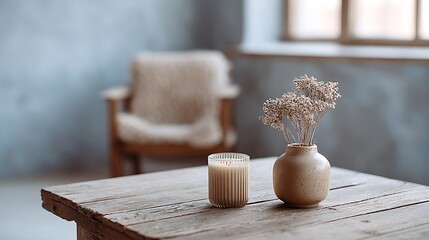 Cozy interior wooden table decorated with candle and vase styling