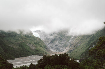 Fox Glacier Valley Hidden by Thick Fog and Low Clouds, New Zealand