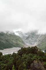Foggy Fox Glacier Valley with Lush Forest Foreground, New Zealand