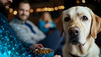 Golden retriever dog with futuristic digital network overlay while man feeds pet kibble in cozy home setting with warm bokeh lights background.