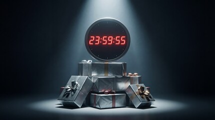 Digital countdown clock above stacked silver gifts with red ribbon bows, illuminated by spotlight.