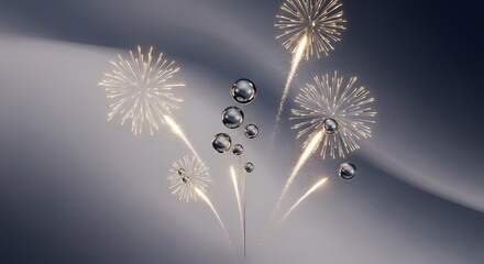An elegant visual symphony of sparkling light bursts resembling fireworks and glistening water droplets ascending gracefully, creating a festive and abstract celebration