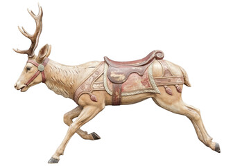 Vintage wooden carousel deer figure with saddle and bridle, antique fairground ride statue, isolated on white background, weathered paint texture