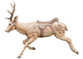 Vintage wooden carousel deer figure with saddle and bridle, antique fairground ride statue, isolated on white background, weathered paint texture