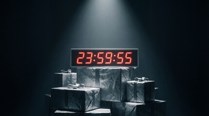 Digital countdown clock displaying near midnight above stacked Christmas gifts wrapped in silver foil