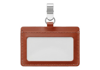 Realistic brown leather badge holder with chrome metal clip, blank horizontal ID card mockup template, corporate access pass design element