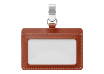 Realistic brown leather badge holder with chrome metal clip, blank horizontal ID card mockup template, corporate access pass design element