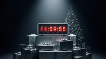 Digital Countdown Clock Displaying Christmas Eve Midnight Time Over Wrapped Gifts Near Decorated Tree