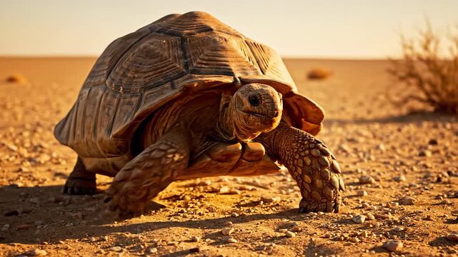 Desert tortoise walking across sandy arid landscape