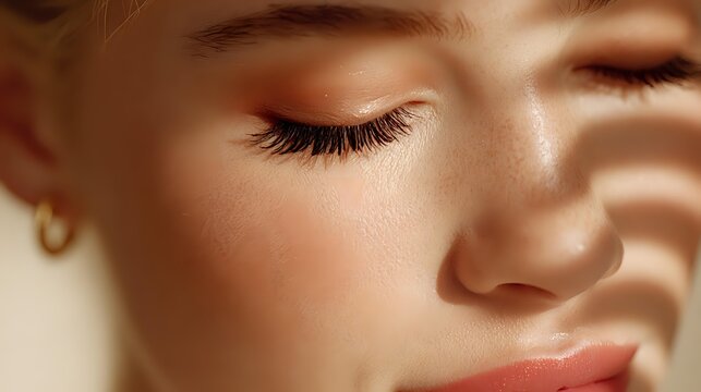 Young woman with closed eyes and natural makeup in warm sunlight creating shadow patterns on face for beauty and skincare concepts.