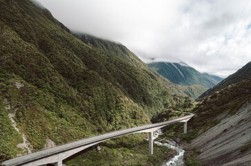 Otira Viaduct Bridge Stretching Across Vast Mountain Valley, New Zealand