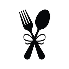 Crossed Fork and Spoon Icon Restaurant Cutlery Silhouette with Ribbon
