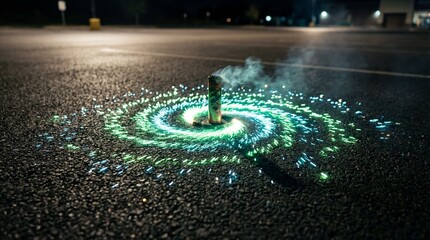 Ground spinner firework creates a vibrant green and blue spiral of light on dark asphalt at night