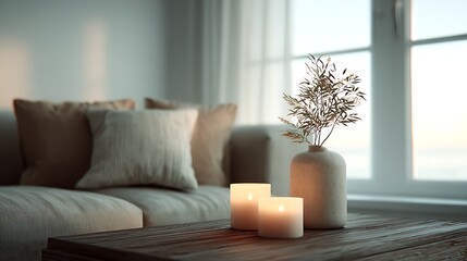 Cozy lounge decorated with simple vase plant and candles