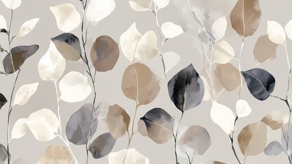 Abstract watercolor leaf pattern in neutral beige and black tones