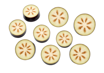Sliced eggplant rounds isolated with visible seeds, realistic aubergine vegetable illustration, fresh organic food pattern on transparent background