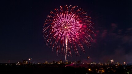 Vibrant pink and purple fireworks exploding over a dark cityscape at night, creating a dazzling celebration display.