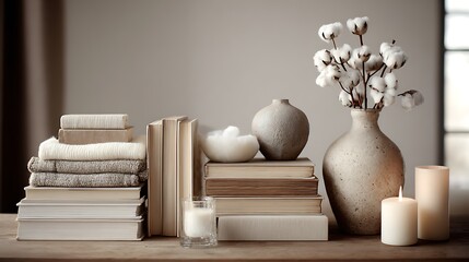 Cozy neutral interior stacked books vase and candles on desk