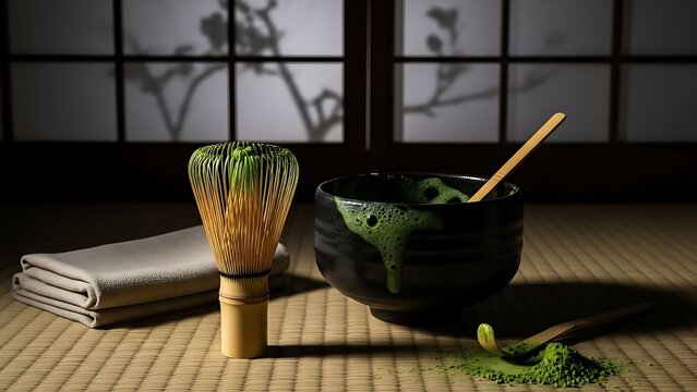 A bamboo whisk (chasen), bowl of frothy matcha tea, wooden scoop, and powder on a tatami mat with shoji screen background.