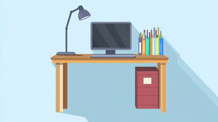 Clean vector illustration of a desk with computer lamp and stationery