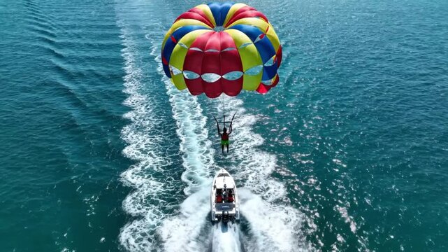 Aerial view of person parasailing behind a speedboat on a sunny day.