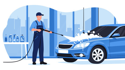 Professional car wash vector illustration of a man washing a car with a high pressure washer and soap foam