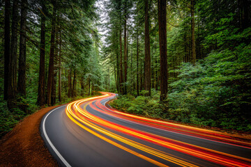 Obraz premium Winding forest road illuminated by vibrant long exposure light trails surrounded by towering green trees creating a dynamic and serene nature scene