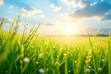 Fototapeta premium A gentle summer breeze ruffles the tall grasses in a sun-drenched meadow, creating a wave-like effect The scene evokes feelings of warmth, peace, and freedom , sky, picturesque