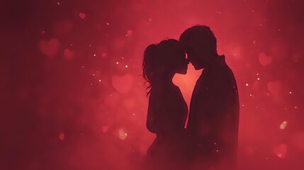 Romantic couple silhouette embracing against red bokeh background with floating hearts for Valentine's Day celebration and love themed designs.