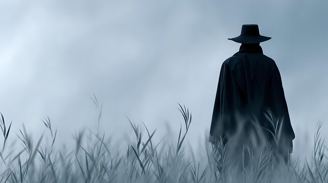 Mysterious figure in black hat and coat standing in misty field with tall grass under dramatic cloudy sky creating atmospheric western or thriller mood.