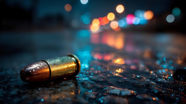 Single bullet cartridge on wet asphalt with colorful bokeh lights reflecting in puddles creating dramatic urban night scene for crime thriller concepts.