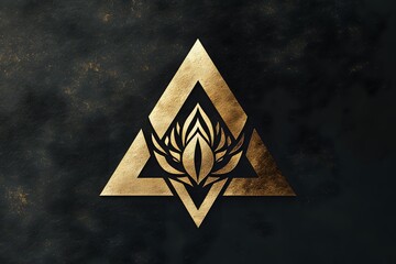 Luxury golden triangle logo with ornate floral motif on dark textured background for premium branding and corporate identity design projects.