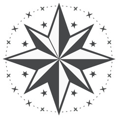 Obraz premium Compass star design with dotted circle and small stars, isolated on white