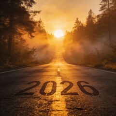 Looking ahead to 2026: A road to future vision. The image features the road towards 2026 with a beautiful sunset sky and mountains in background.
