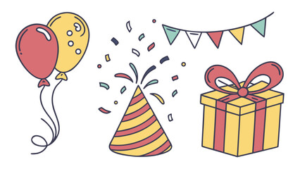 Obraz premium Illustration of party elements including balloons, party hat, confetti, bunting, and a wrapped gift box