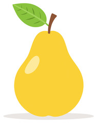 Vibrant yellow pear illustration with green leaf and brown stem on white background
