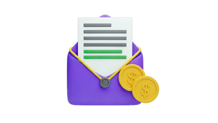 Purple Envelope with Document and Coins