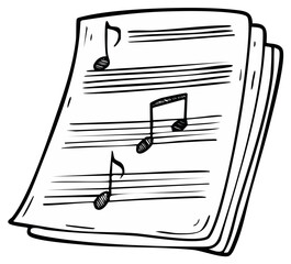 Sheets of music with musical notes on white paper, doodle style illustration, hand drawn