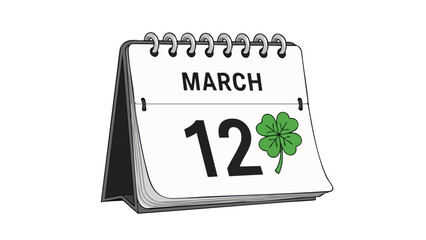 Illustrated desk calendar page showing March 12th with a bright green four-leaf clover, symbolizing upcoming dates, spring season, and a touch of